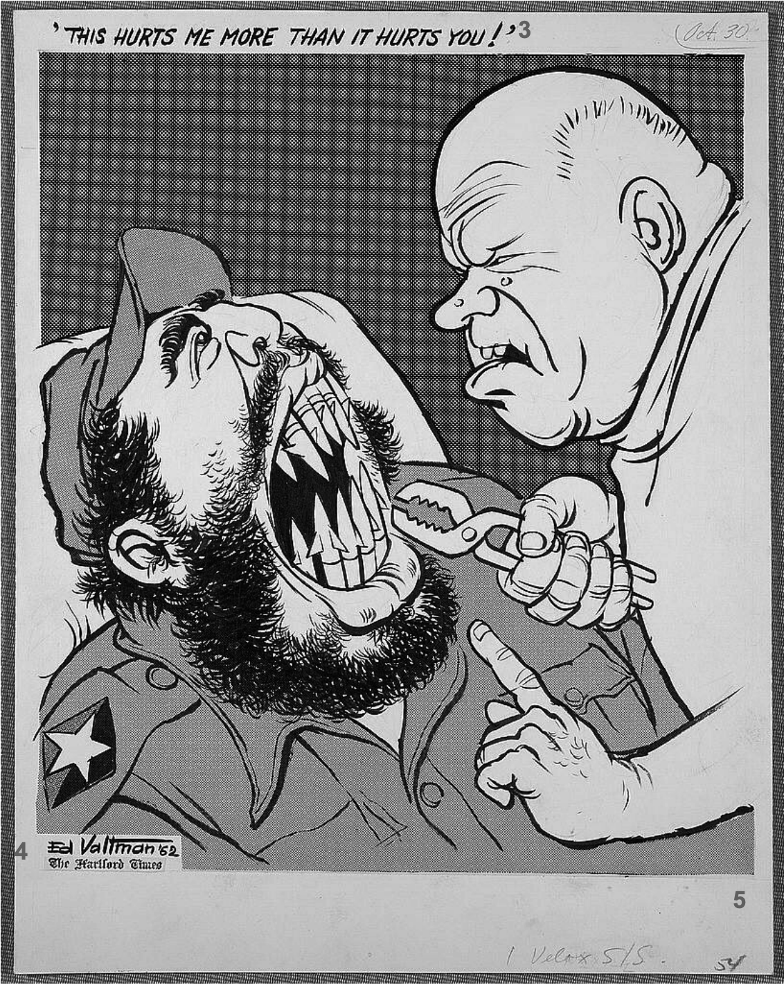 Schwarzweiß-Karikatur: grober Mann hält Zange an den weit geöffneten Mund eines bärtigen Mannes.